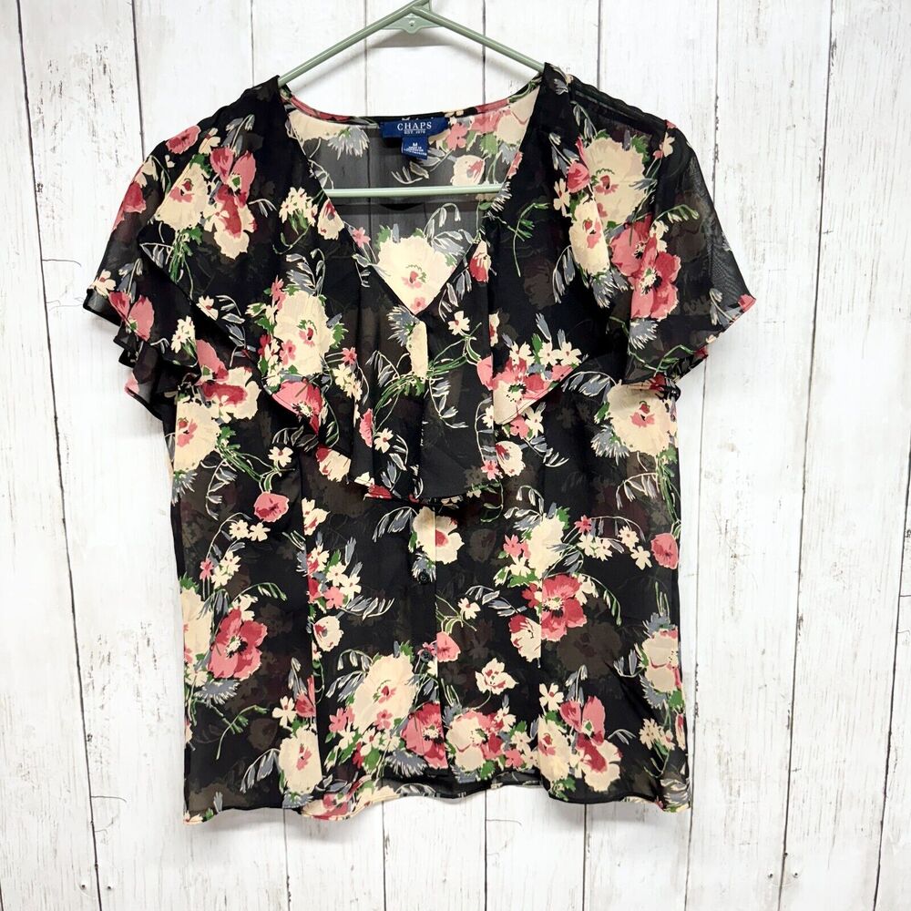 Chaps Top Women's Size M Short Sleeve Shell Black Floral‎ Print Sheer V Neck